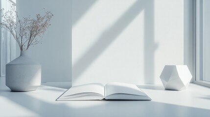 An open notebook with blank pages on a white table, with minimalistic decor items like a geometric sculpture and soft lighting accentuating the space
