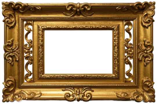 A highly ornate golden picture frame with intricate scrollwork and black rectangular space inside it