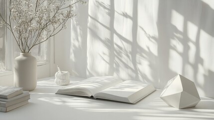 Fototapeta premium An open notebook with blank pages on a white table, with minimalistic decor items like a geometric sculpture and soft lighting accentuating the space