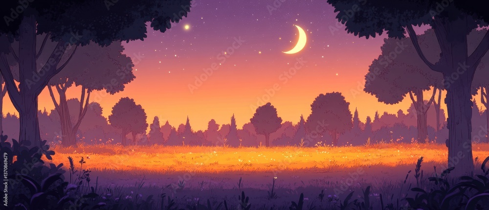 Poster enchanting twilight landscape with a crescent moon and starry sky casting a warm glow over a serene 