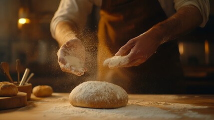 Artisan baker dusting flour on freshly made bread, rustic kitchen baking scene