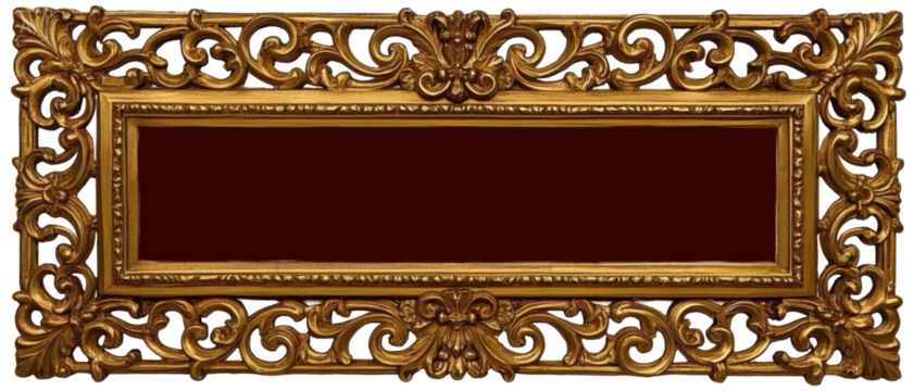 A decorative golden frame with ornate carvings and a dark red rectangular center space for text