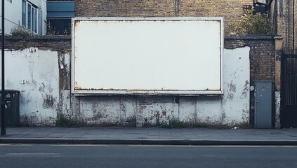 Front view of an empty white billboard on the side street in London, with some urban decay elements,