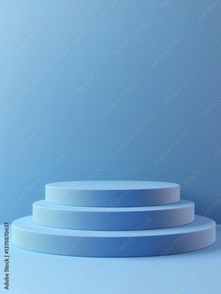 Poster serene light blue three tiered podium stage for product display in minimalist studio setting with cl