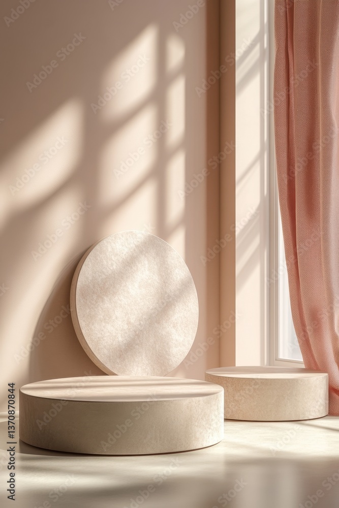 Poster elegant podium display with soft peach curtains and natural light casting shadows for product showca