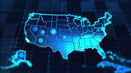 Environmental Justice Rights. Digital map of the United States with highlighted regions in blue and a tech-inspired background.