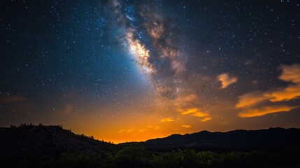 Fototapeta premium Milky Way paints night sky over mountains; cosmic, serene landscape.