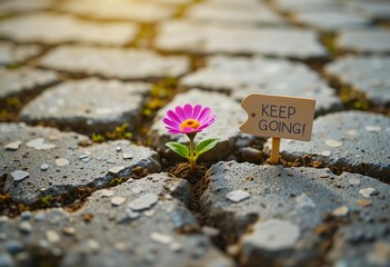A lone flower emerges through cracks, inspiring perseverance and strength against adversity.