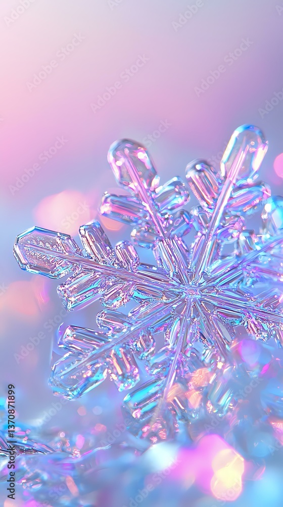 Poster macro shot of crystal snowflake with pink and blue bokeh background. delicate frozen ice crystal str