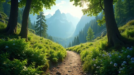 Hiking trail through a lush green forest with mountains in the background, concept of nature and adventure