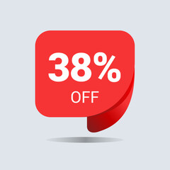 38% off discount, thirty eight percent chat balloon. Special offer sale red tag. Concept of the price list for discounts. Advertising campaign, sales, label offer. Vector illustration.