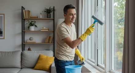 Man cleaning large windows with squeegee in modern living room. Caucasian male wearing yellow rubber gloves doing house chores. Home maintenance and spring cleaning concept.
