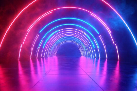 A vibrant neon tunnel of dreams, pulsating with pink and blue light, leading towards an unknown future in a reflective, futuristic setting. - Powered by Adobe