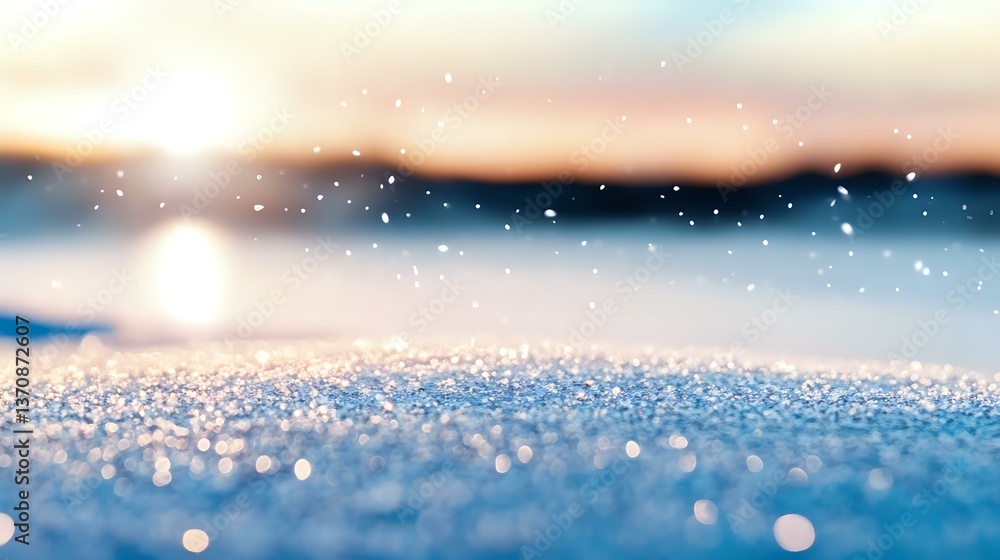 Poster sparkling snow surface with bokeh effect and soft sunset light creating magical winter atmosphere. b