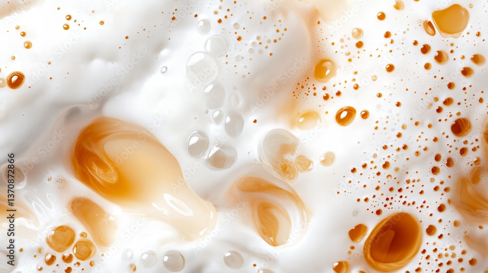 Poster beer foam exhibits distinct bubbles and patterns in a close up shot, showing variations in texture a
