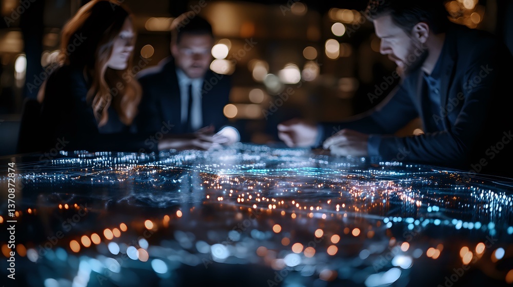 Poster business professionals analyzing digital city map with glowing data visualization and bokeh lights i
