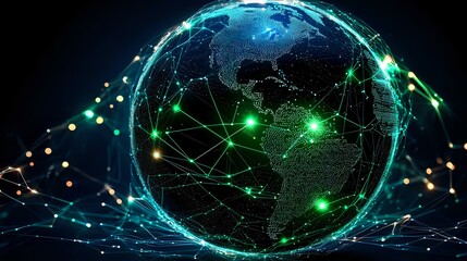 Obraz premium Digital globe with glowing network connections and dots representing worldwide data exchange in blue and green neon lights against dark background.