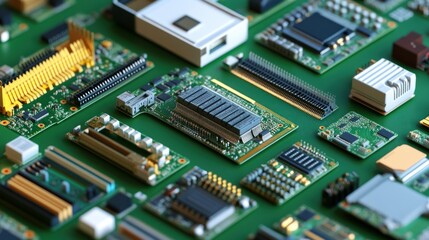 Obraz premium Array of detailed circuit boards and electronic components on green backdrop.
