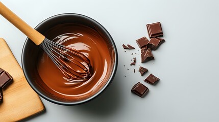 Melted dark chocolate in metal bowl with whisk and broken chocolate pieces on gray background, overhead view of homemade dessert preparation.