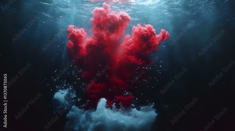 Poster red and blue ink clouds swirling dramatically underwater against dark background, creating abstract 