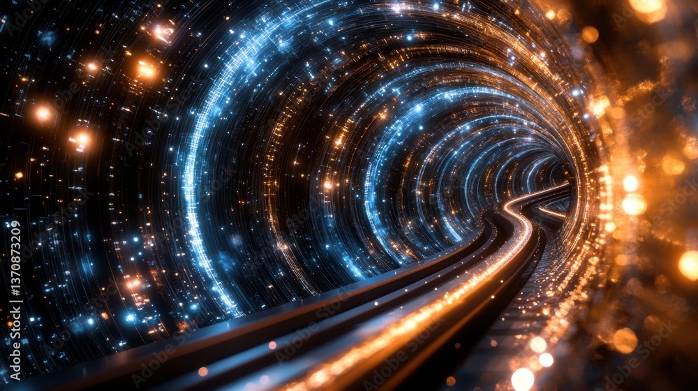 Aufkleber futuristic tunnel with glowing light streaks and data flowing in a digital space for technology conc