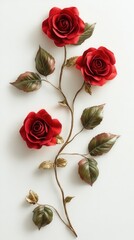 Elegant arrangement of three red roses with bronze stems and leaves on a clean white background for romantic themes and floral artistry
