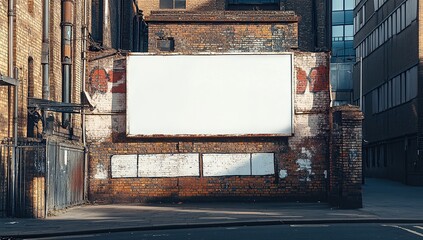 Front view of an empty white billboard on the side street in London, with some urban decay elements,