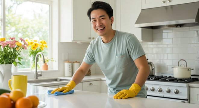 Smiling asian man cleaning kitchen countertop wearing yellow rubber gloves. Modern white interior with colorful flowers and bright natural light. Home maintenance and housekeeping concept. - Powered by Adobe
