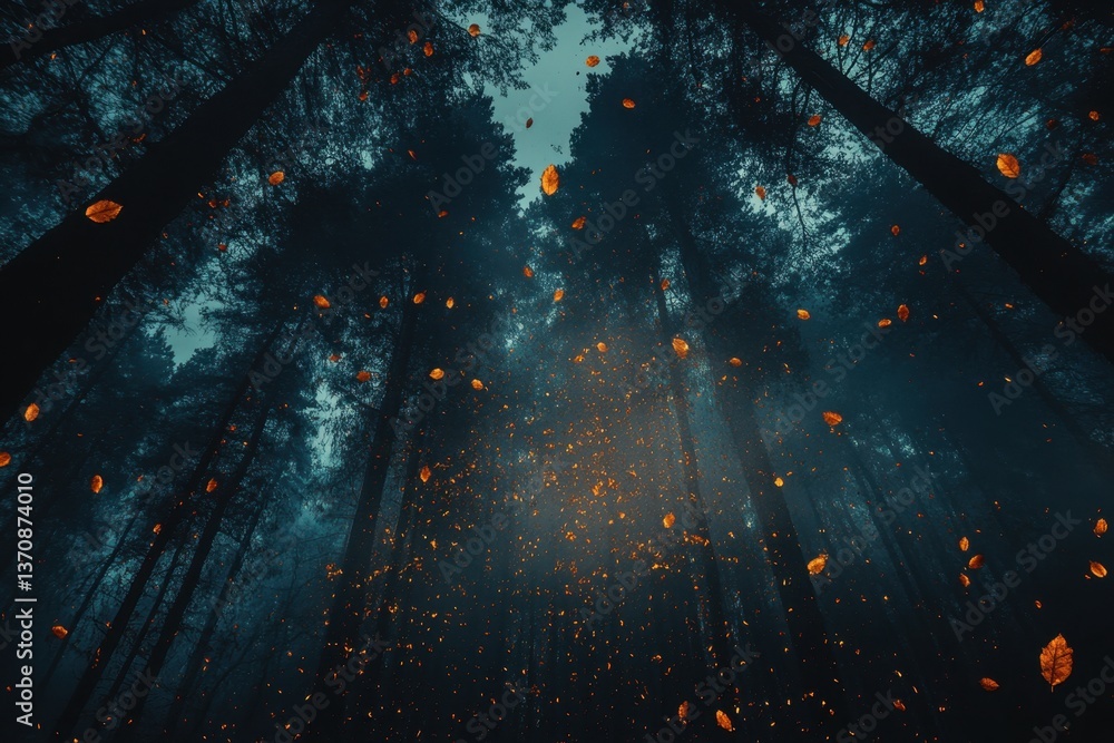 Poster enchanting autumn forest scene with falling leaves and towering trees creating a mystical ambiance a