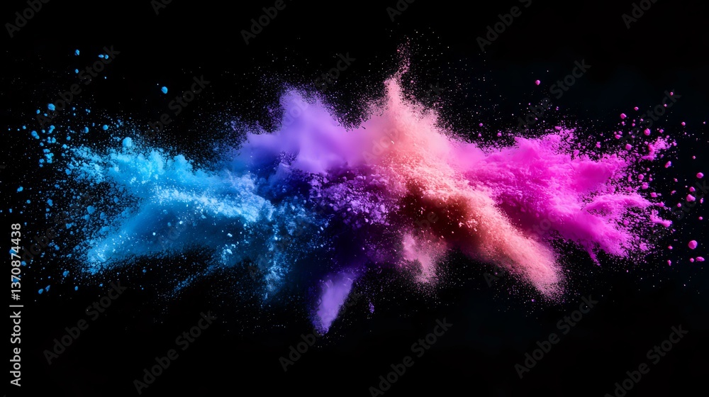 Poster colorful powder explosion on black background with blue, purple and pink dust clouds colliding in dy