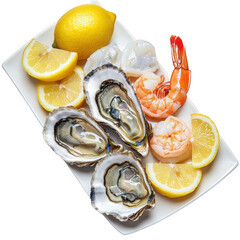 Exquisite plate of seafood featuring shrimp, oysters, and fresh lemon on a clear transparent background transparent background