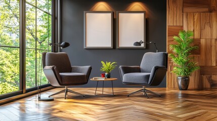 A minimalist podcast interview room featuring two chairs, microphones, and an uncluttered background, perfect for media discussions.