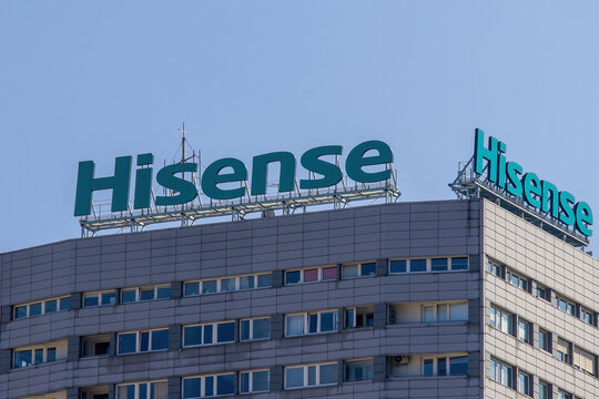 Hisense logo on a top. Hisense is a Chinese multinational white goods and electronics manufacturer headquartered in Qingdao, Shandong province, China