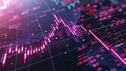 High-tech stock market analysis with dynamic pink and purple data graphs on a digital landscape