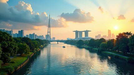 Obraz premium Serene sunrise cityscape with tranquil waterway, lush green parkland, and modern architectural skyline reflected in still water