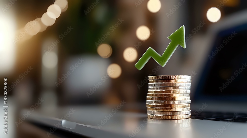 Poster stack of silver and gold coins with green upward arrow showing growth on laptop keyboard with bokeh 
