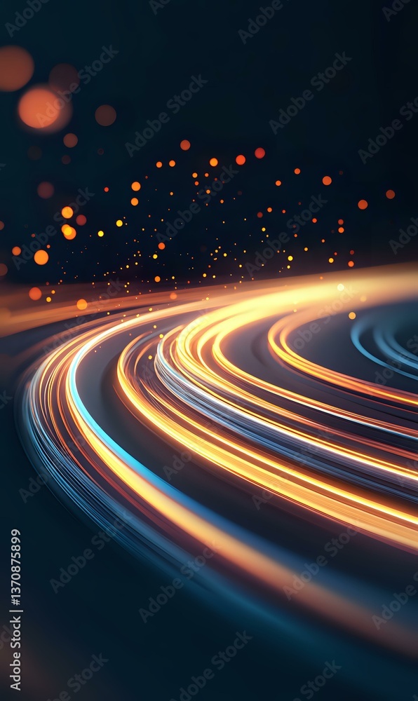 Poster glowing curved light trails with orange and blue streaks against dark background, floating bokeh par