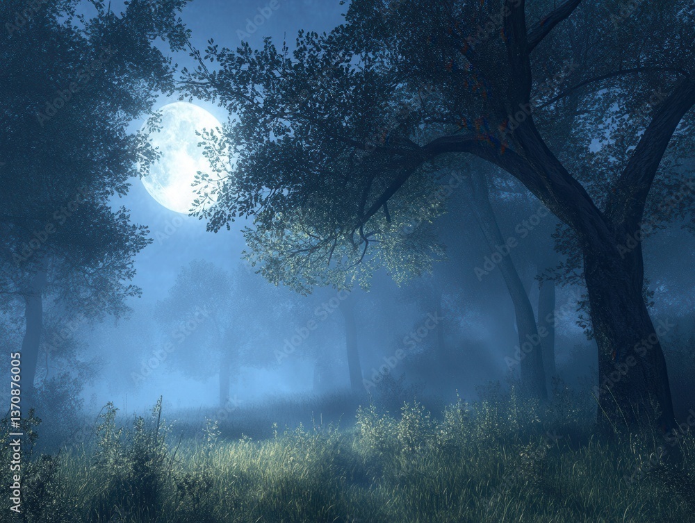 Aufkleber enchanting moonlit forest scene with ethereal mist and glowing moonlight casting shadows on trees an