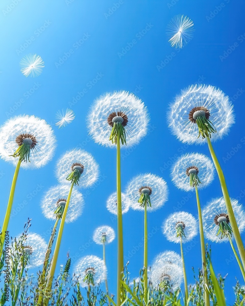 Poster serene dandelion field under azure sky capturing the essence of summer with a low angle perspective 