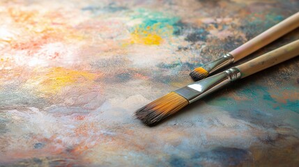 Fototapeta premium Artistic Brushes on Vibrant Colorful Palette with Blended Shades and Textures for Creative Background Design