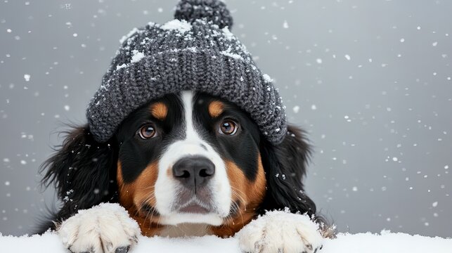 Bernese Mountain Dog wears a knitted hat and looks forward during a winter snowfall.