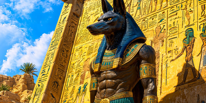 Anubis, jackal-headed ancient Egyptian god of the underworld, standing by stone temple, wide banner