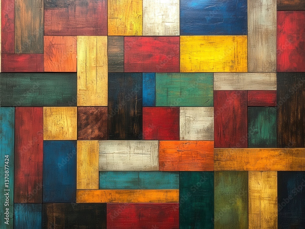 Poster colorful wooden blocks arrangement with vibrant hues and rustic texture creating a captivating mosai