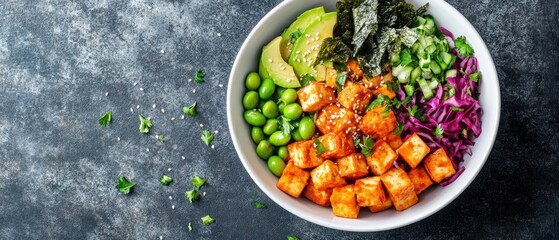 Vibrant and Healthy Tofu Poke Bowl with Fresh Avocado Edamame Seaweed and Cabbage on Dark Background Overhead Shot for Stock Photography