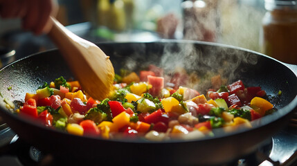 Cooking vegetables in a frying pan with a wooden spoon on a stove top with steam rising up