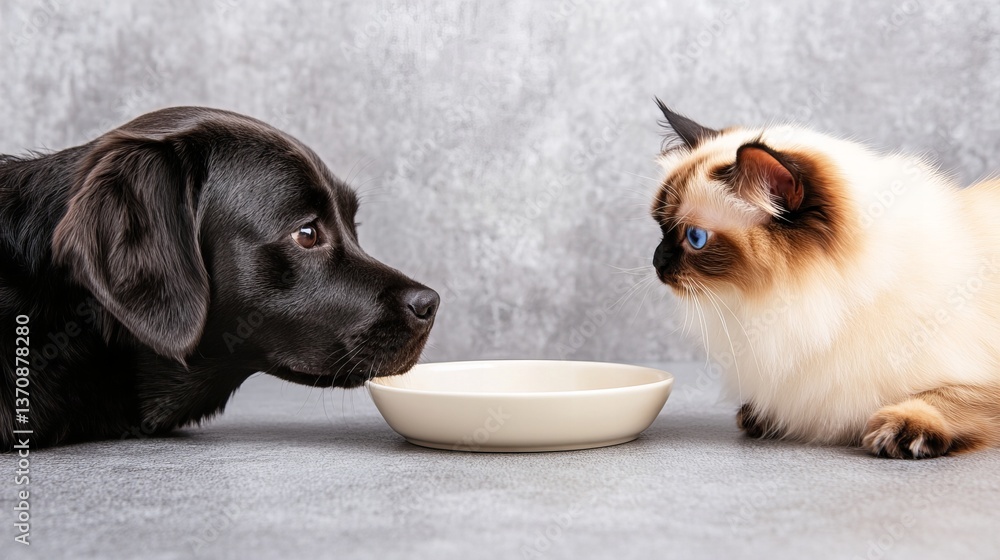 Poster black labrador and ragdoll cat are facing each other with an empty bowl in front of them on a grey s