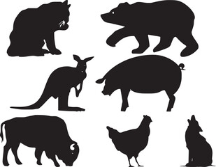 Black Silhouettes of Various Wild and Farm Animals – Vector Illustration. set of animals silhouettes