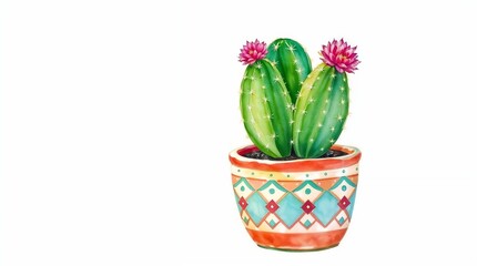 Cactus plant with pink flowers in a colorful pot, watercolor style, artistic representation