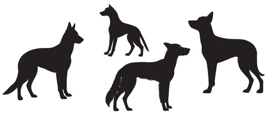Black Silhouette Vector of Various Dog Breeds in Standing Poses