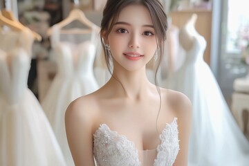 Naklejka premium Beautiful Asian woman in wedding dress in bridal dressing room